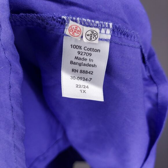 Woman Within Button Top 1X 22/24 Purple Cotton Pleated Long Sleeve V-Neck - Picture 7 of 7